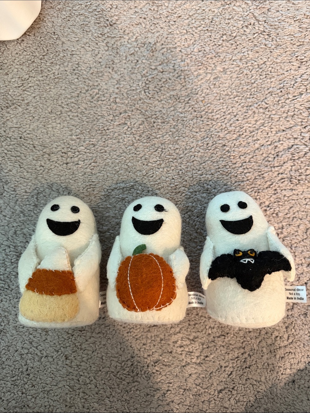 Set of 3 Plush Ghost Figures with Halloween Motifs